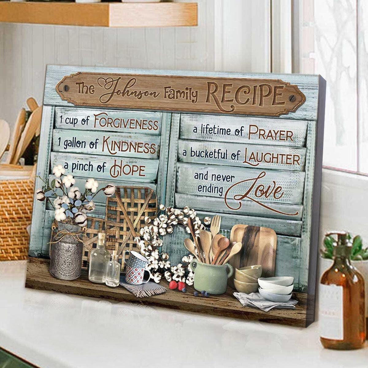 Framed family recipes hanging on the walls of your country kitchen