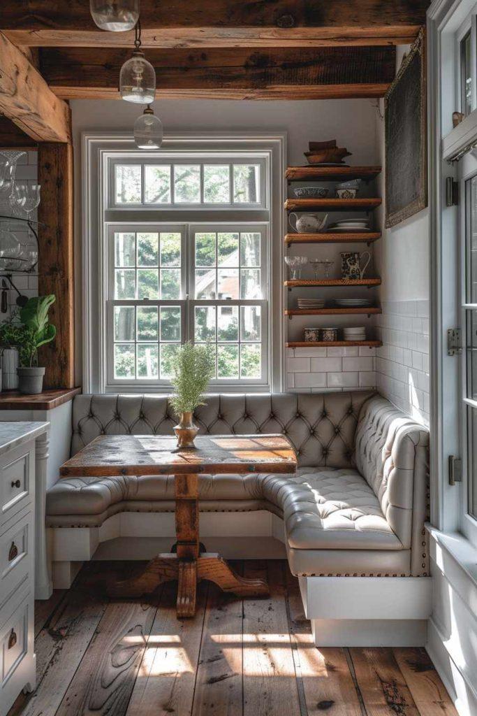 A cozy nook invites relaxation in the heart of your farmhouse kitchen