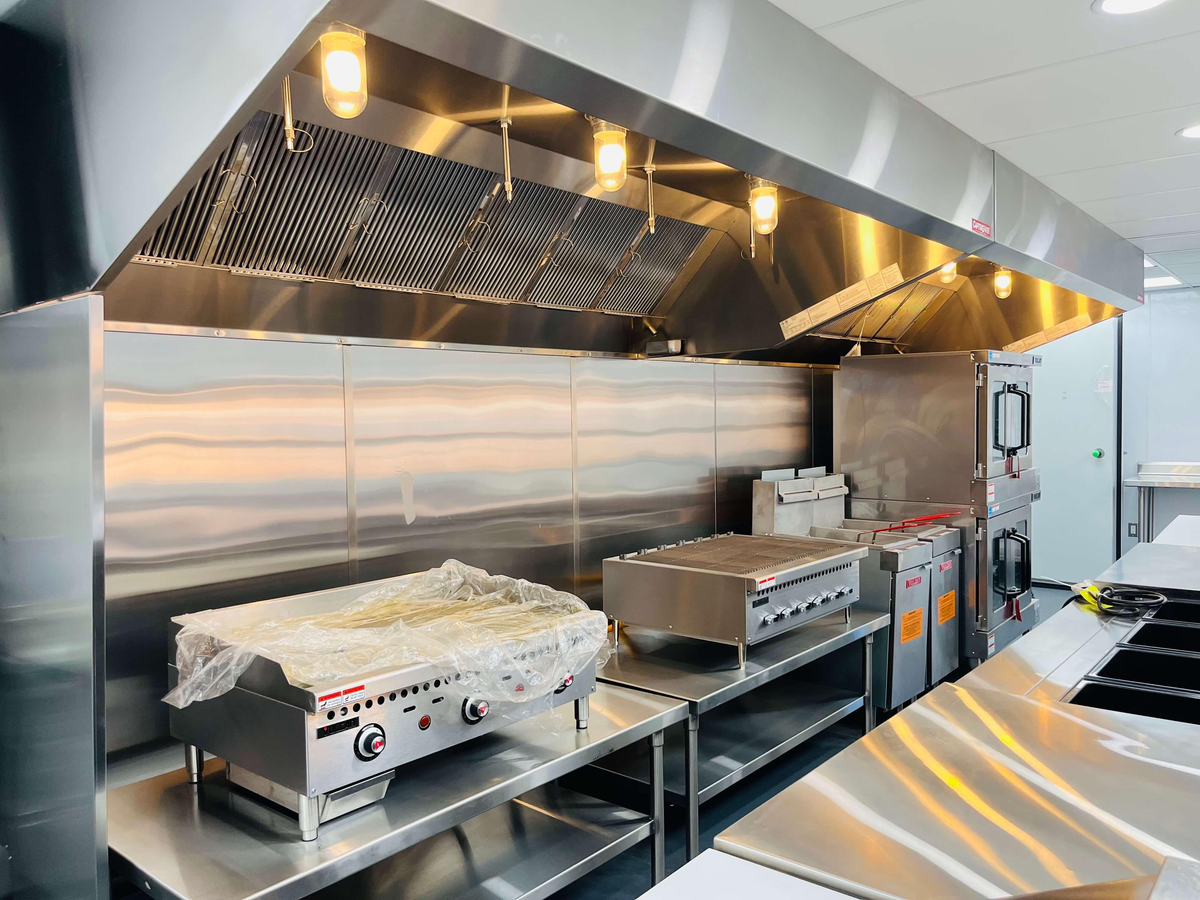 Fire ⁢safety equipment protects staff and operations in an industrial kitchen