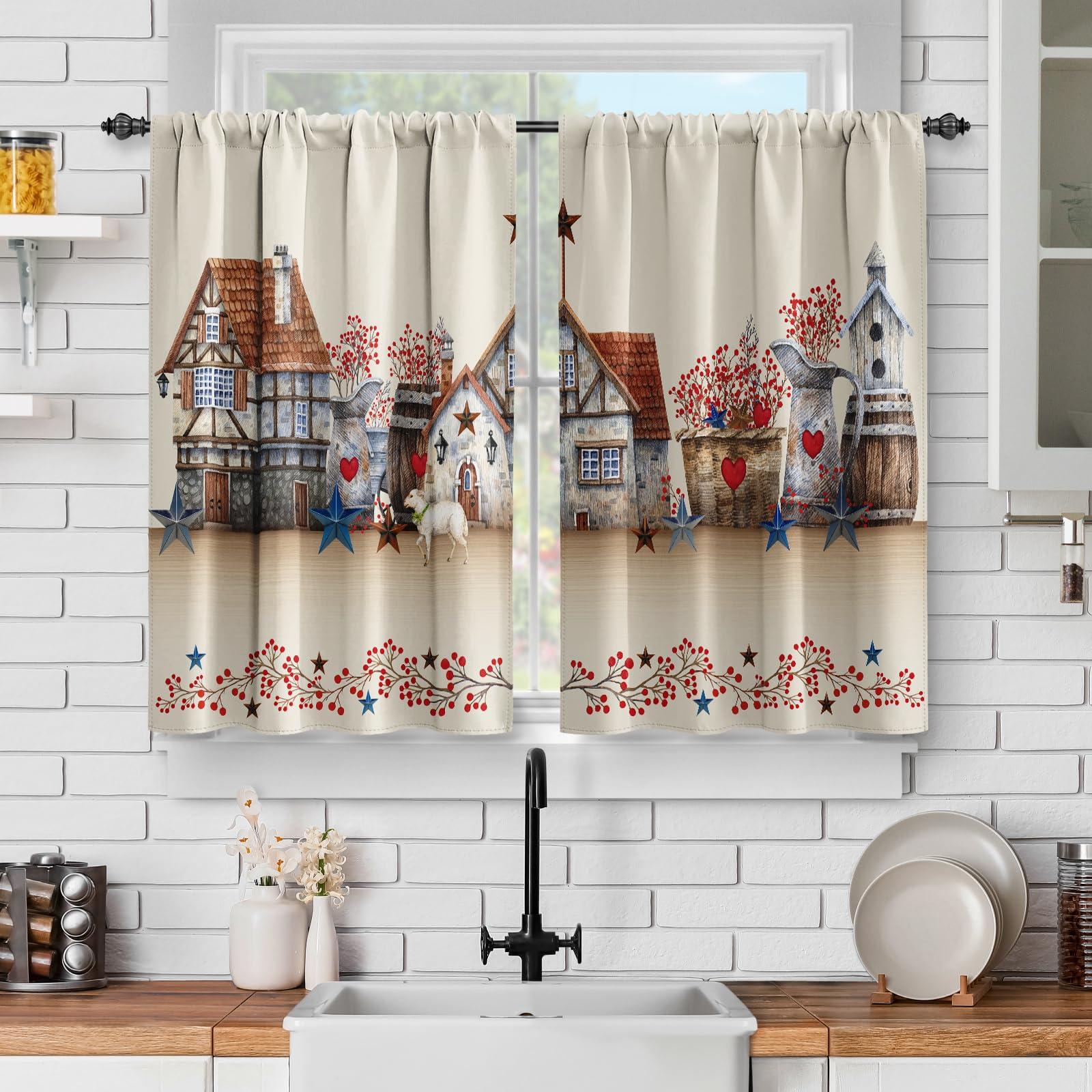 Country kitchen curtains provide a pop of color and charm to the space