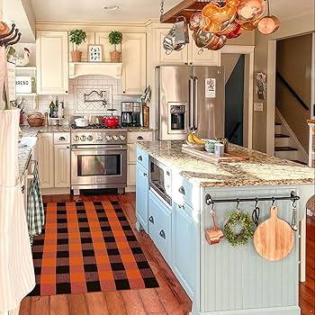 Layered rugs add texture and color to your welcoming country kitchen