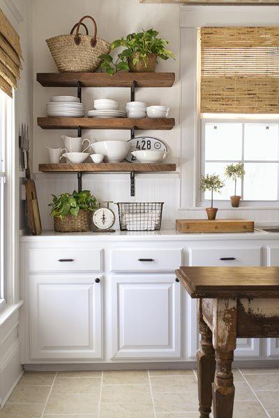 Rustic open‍ shelving brightens your farmhouse kitchen while‍ showcasing dishes ‍and decor