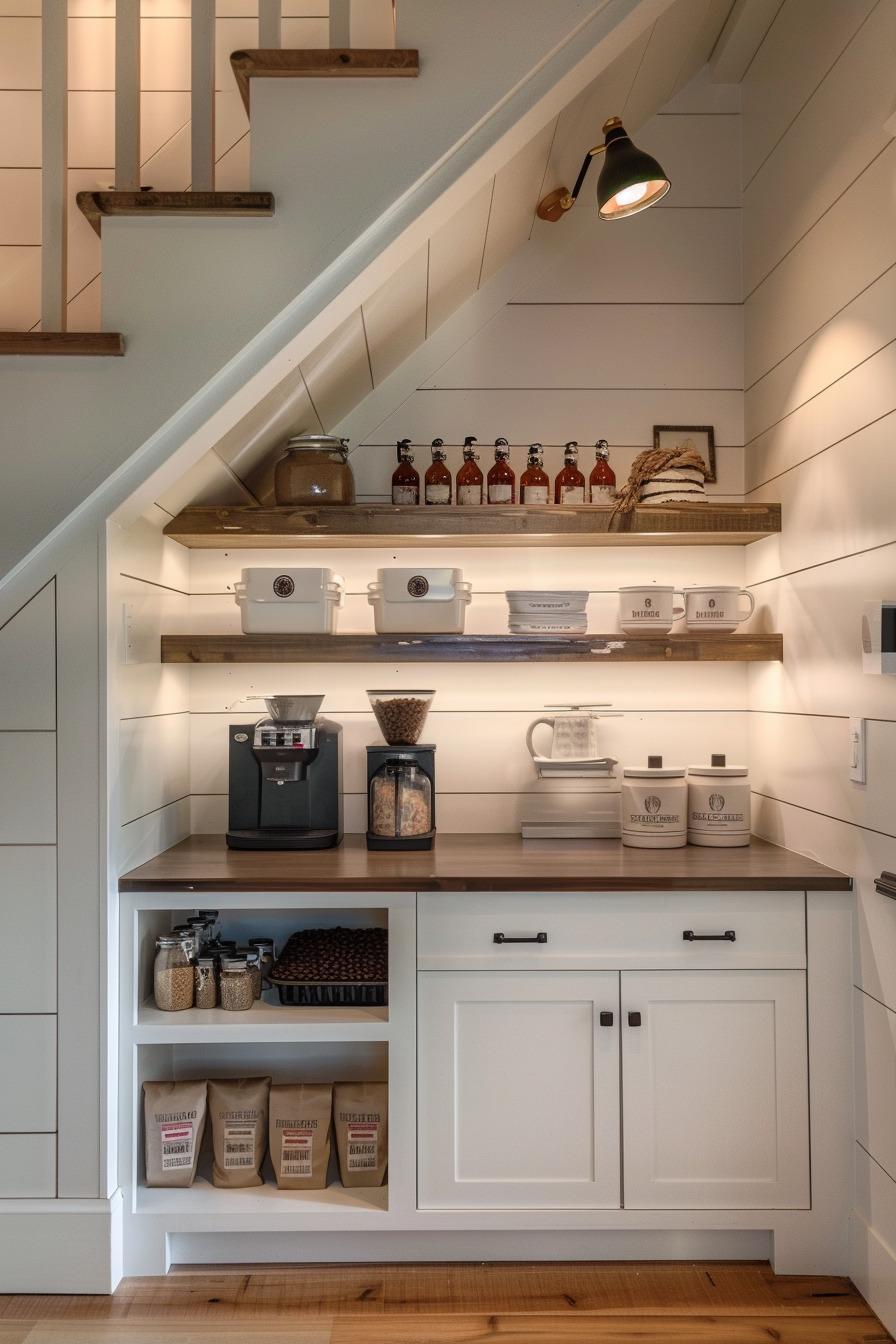 Create a​ mini coffee station for caffeine lovers right under the‍ stairs