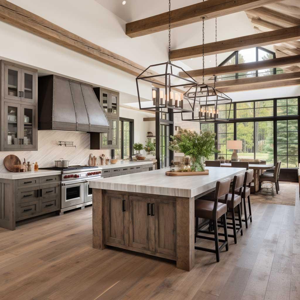 A⁤ spacious ​farmhouse⁣ kitchen⁣ with a large central island invites creativity and ⁢collaboration