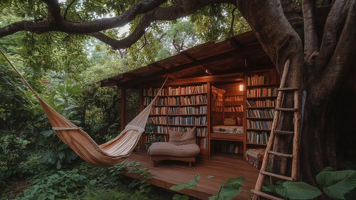 Install a whimsical hammock between trees for a perfect reading nook