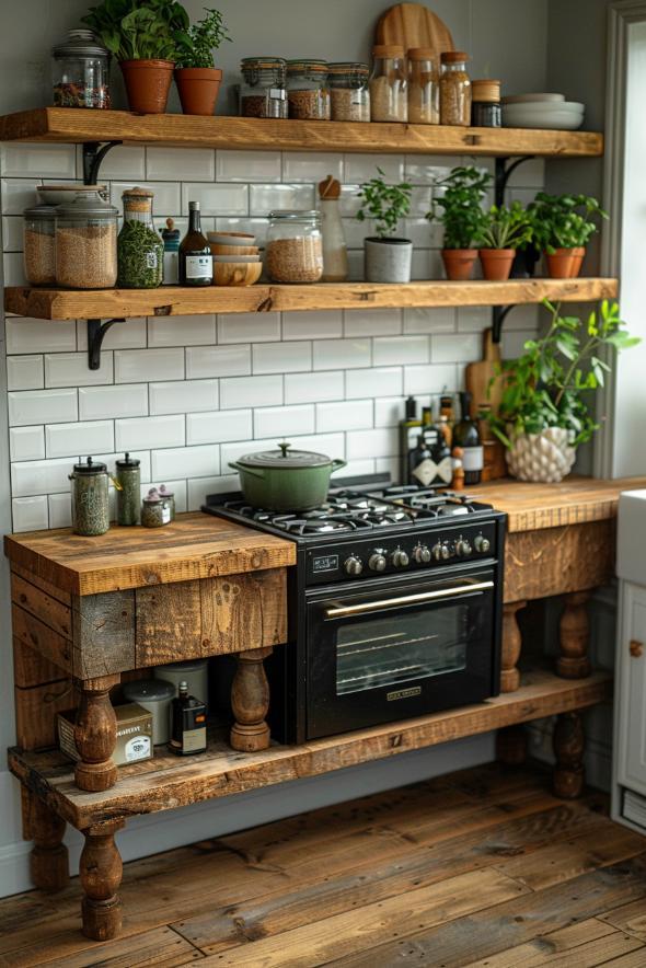 Open shelving showcases your best cookware in ‍a charming country kitchen