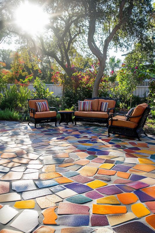 Colorful tiles create a vibrant Mediterranean vibe in your patio design