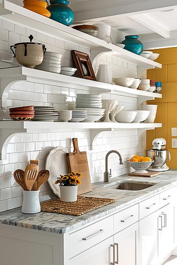 Open shelving​ displays your favorite dishware in a charming country kitchen style