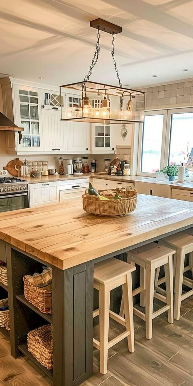 A large kitchen island serves as a gathering​ place in your ⁢farmhouse ‍kitchen