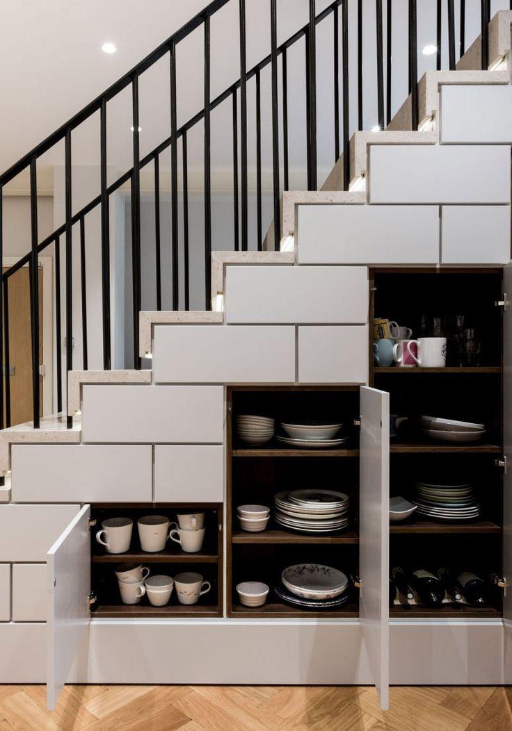 Use open shelving to display beautiful dishware in your Under Stairs Kitchen