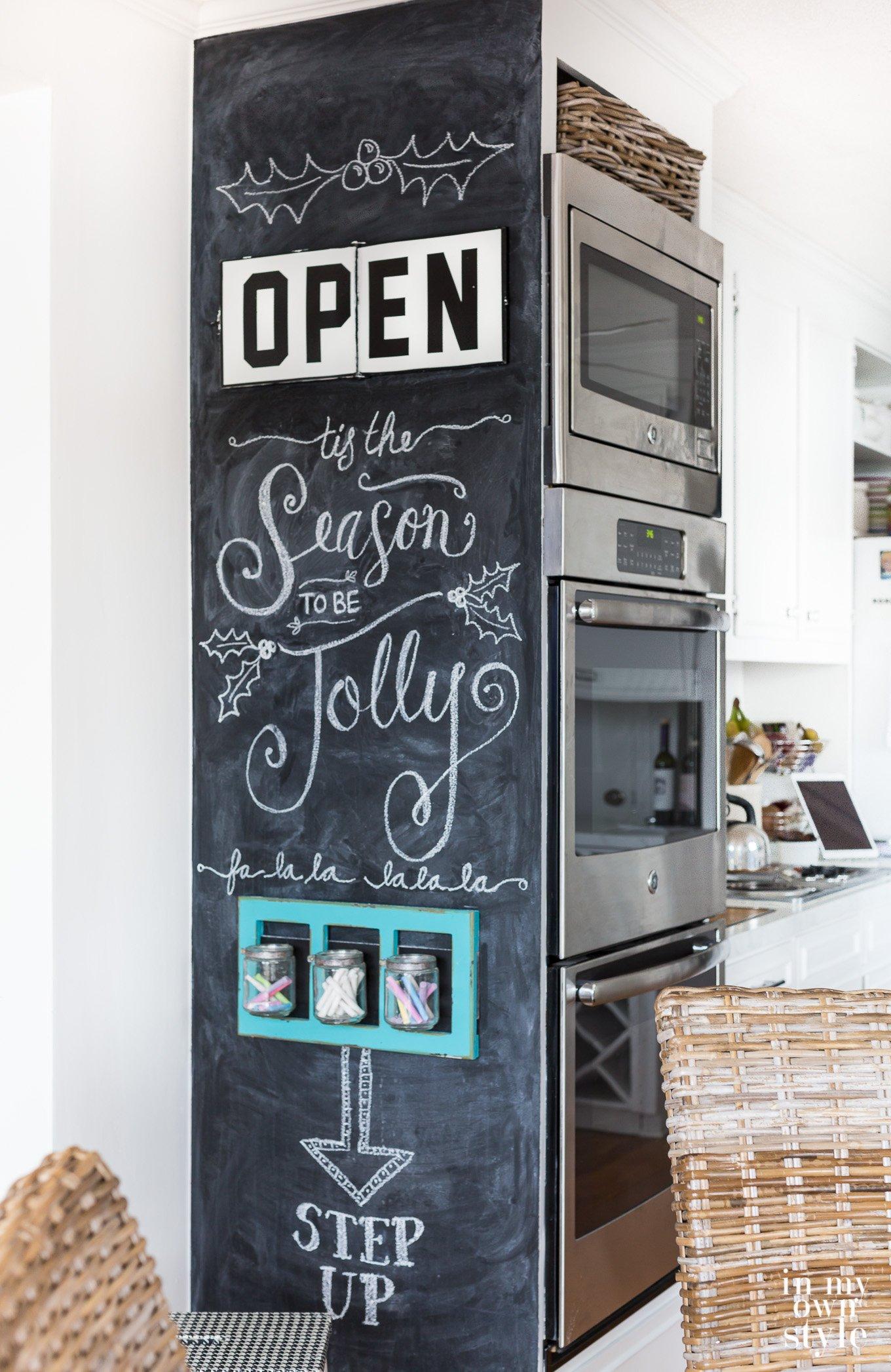 Use a chalkboard wall in your Under Stairs Kitchen for notes and recipes