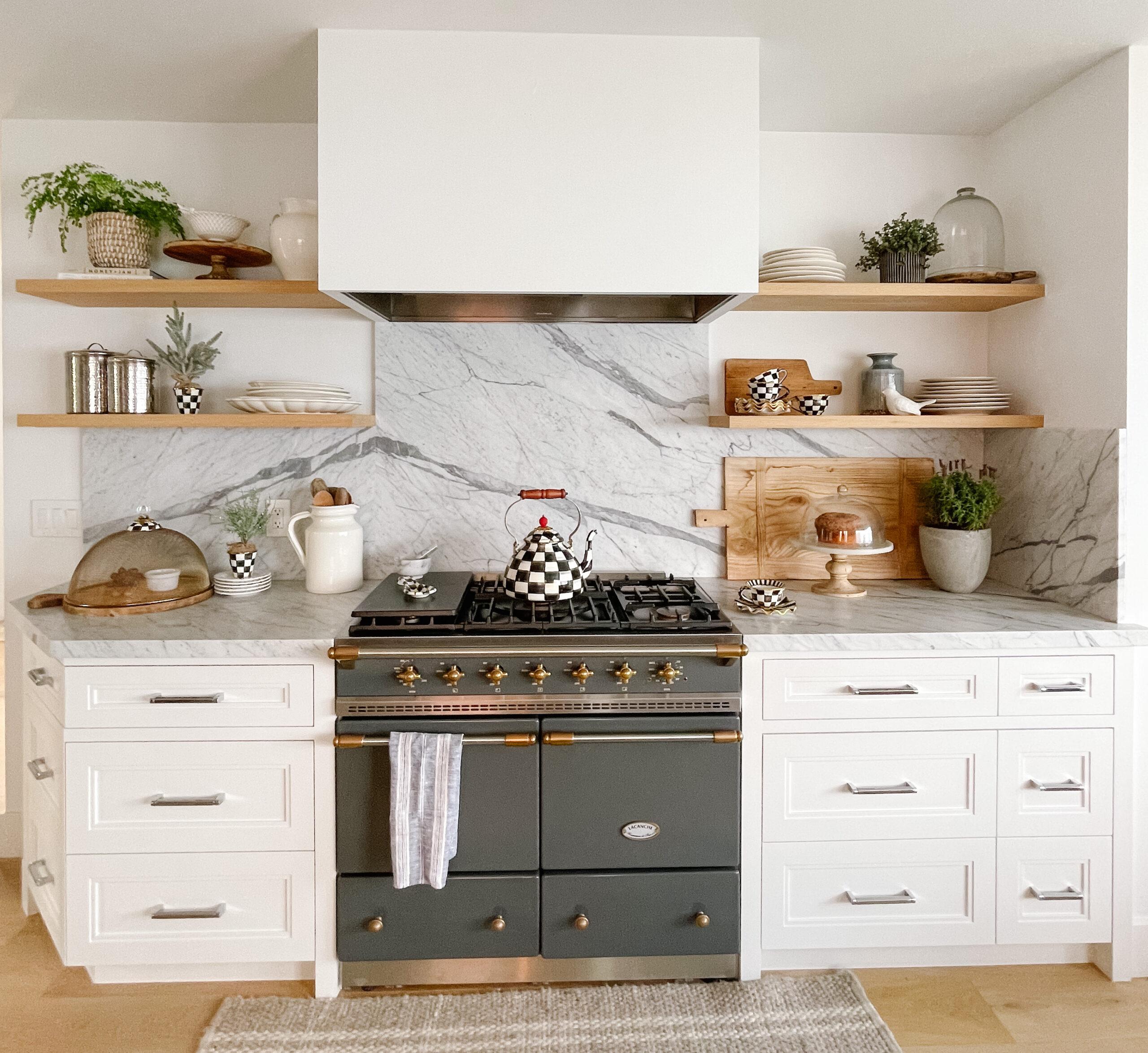 Open shelving to showcase dishware and decor in your trendy modern kitchen