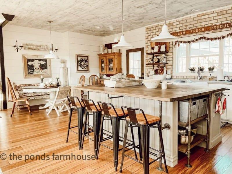 Rustic wooden bar stools for a comfortable seating option at your farmhouse kitchen island