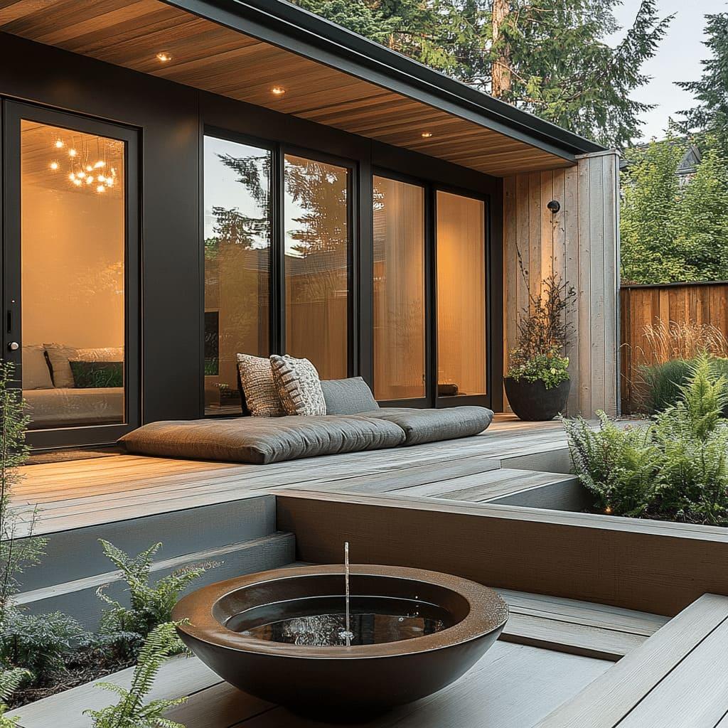 Create a tranquil meditation corner in your modern backyard with comfortable seating and greenery