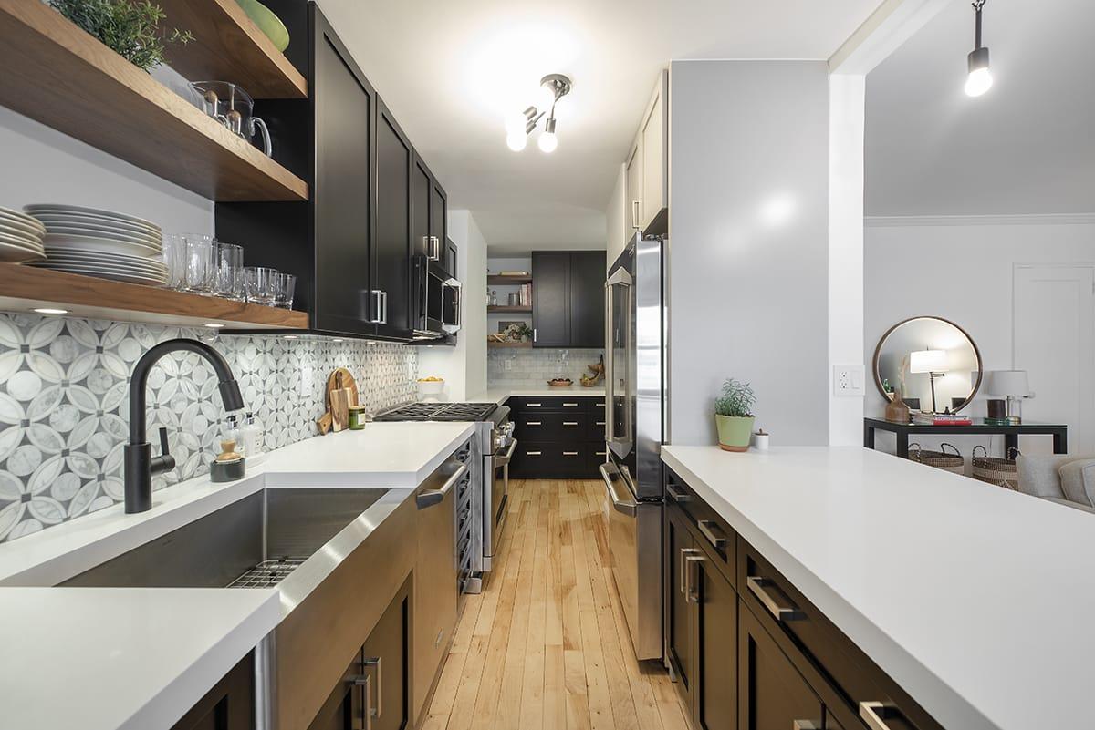 Choose open shelving to showcase decor in your galley kitchen