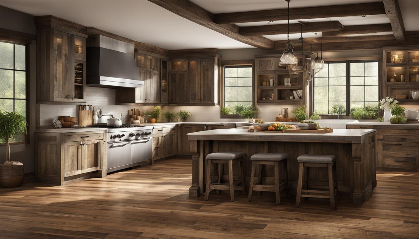 Rustic⁢ hardwood floors provide durability and warmth in⁤ a⁣ farmhouse ​kitchen space