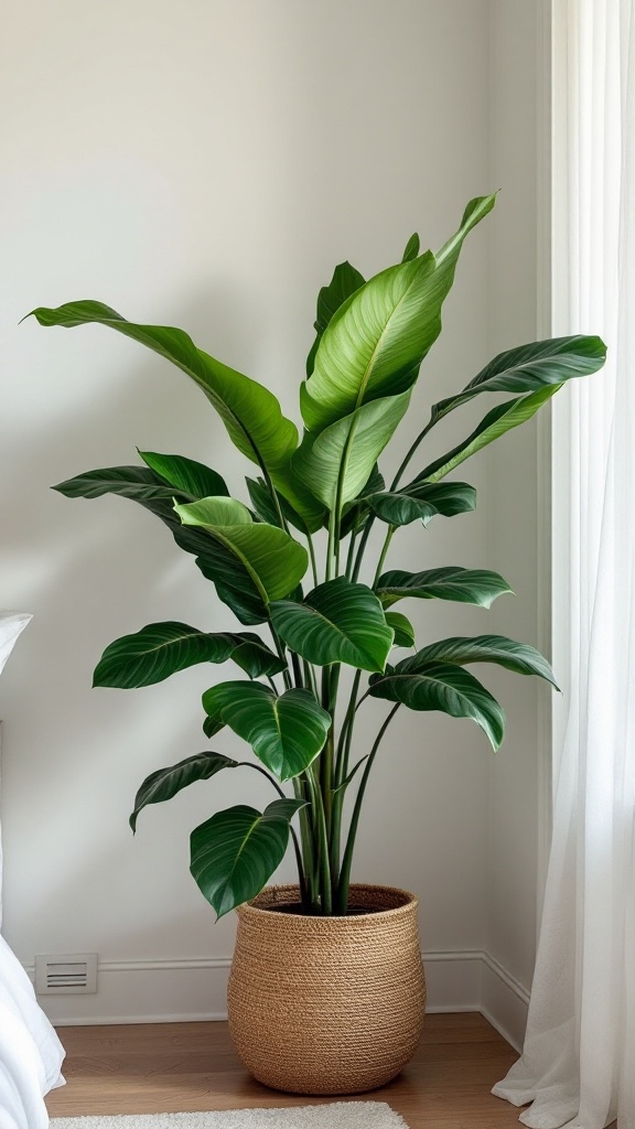 A rubber plant in a woven pot with large green leaves and a cozy indoor atmosphere.