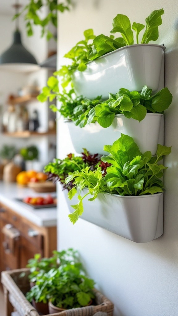 A variety of lush green salads growing in a window box.