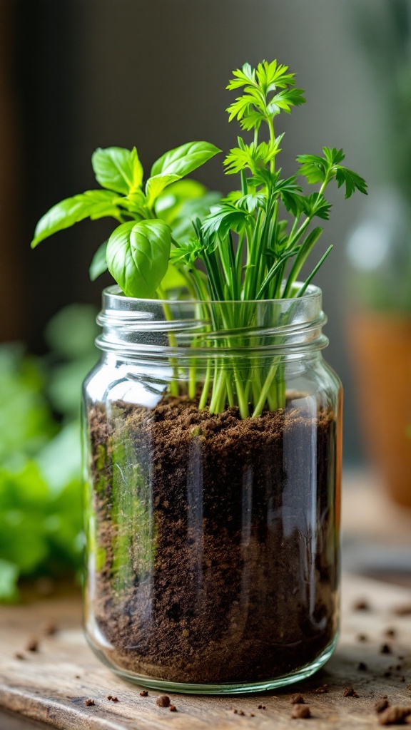 A jar of fresh basil and parsley plants growing in the ground.