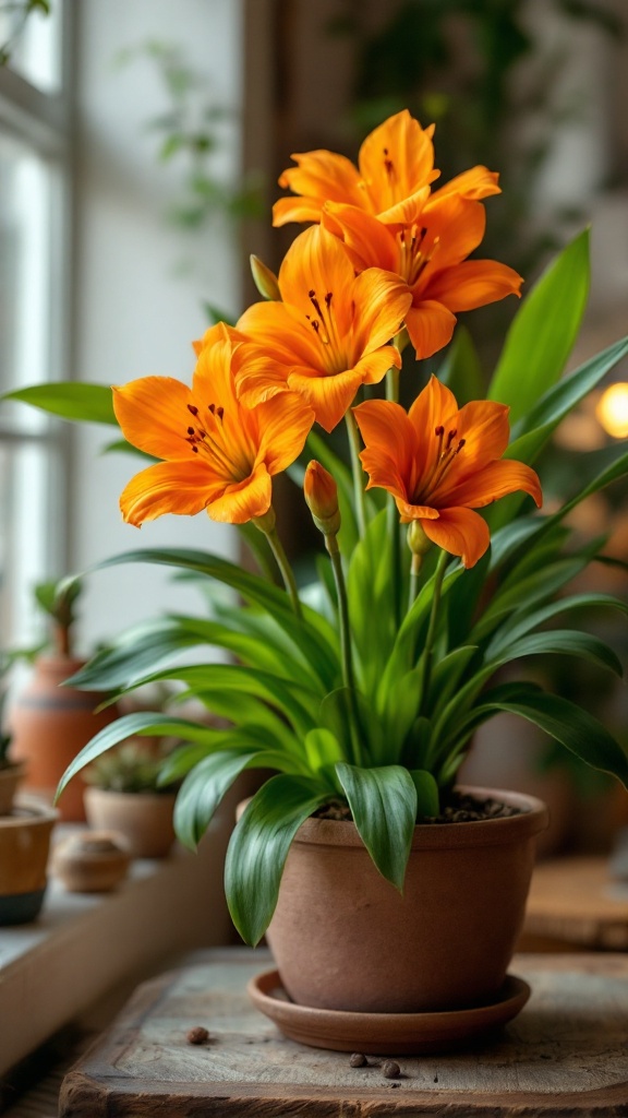 A vibrant clivia plant with orange flowers in a pot, placed indoors.