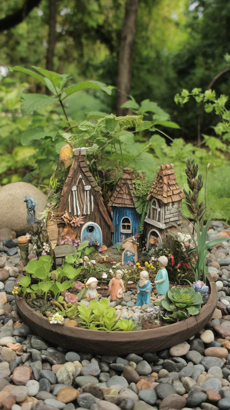 A miniature fairytale garden with small houses and figures surrounded by plants and stones.