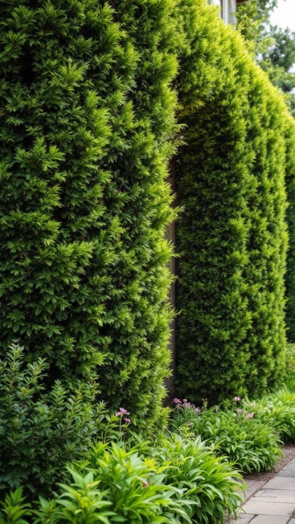 Lush green bushes form a natural privacy screen in the outdoor area.