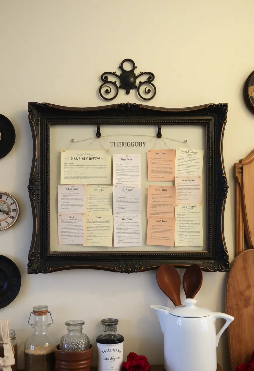 17 Functional Antique Decorating Hacks to Turn Your Kitchen Into an Organized Oasis! - 4. Recipe display with antique frame