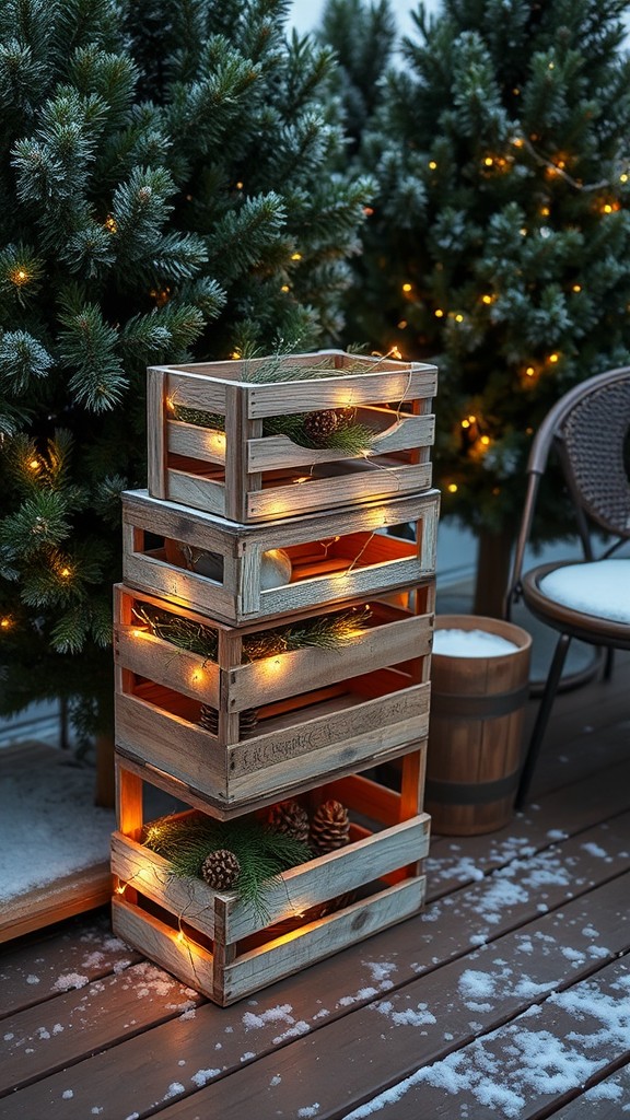 Rustic wooden boxes with fairy lights