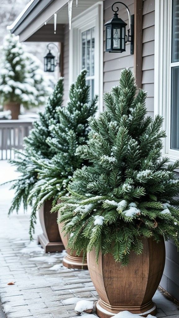 Winter planters with evergreen plants