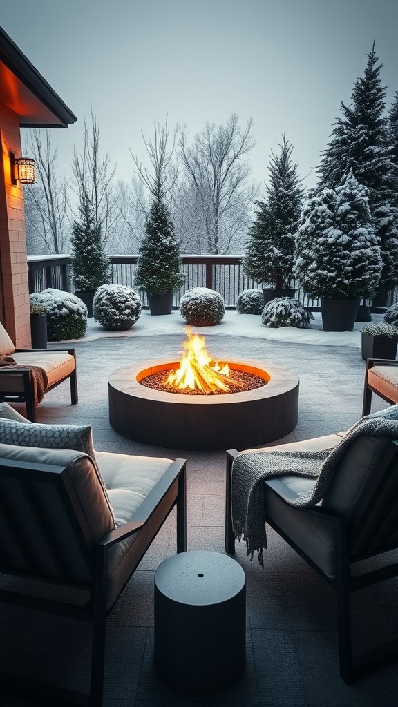 Round fire pit with cushioned lounge chairs