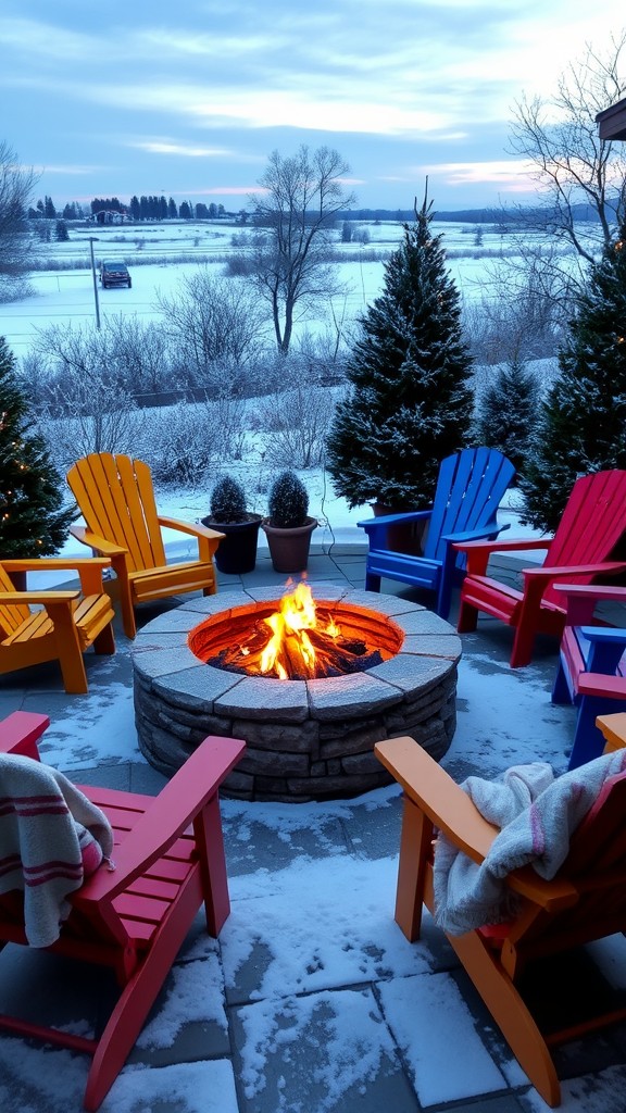 Fire pit with colorful Adirondack chairs