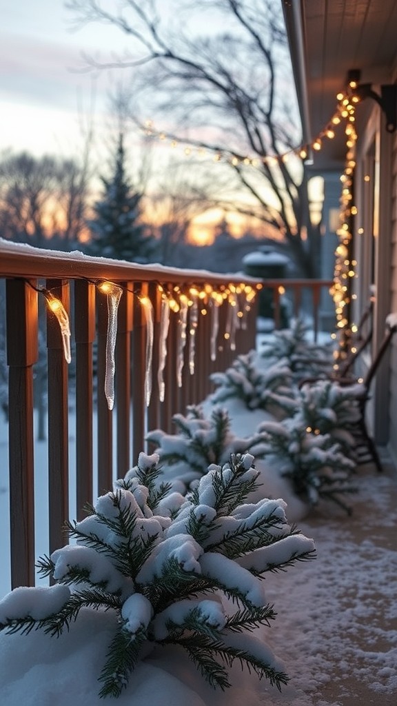 Icicle lights along the railing