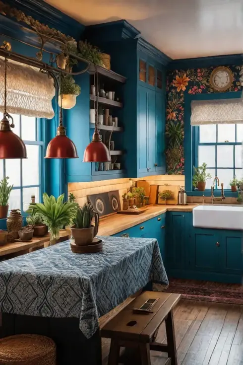 Bohemian kitchen with open shelving and a collection of colorful ceramics