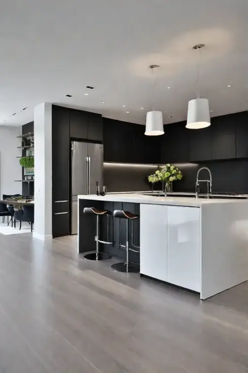 Modern kitchen with waterfall island and elegant handleless cabinets