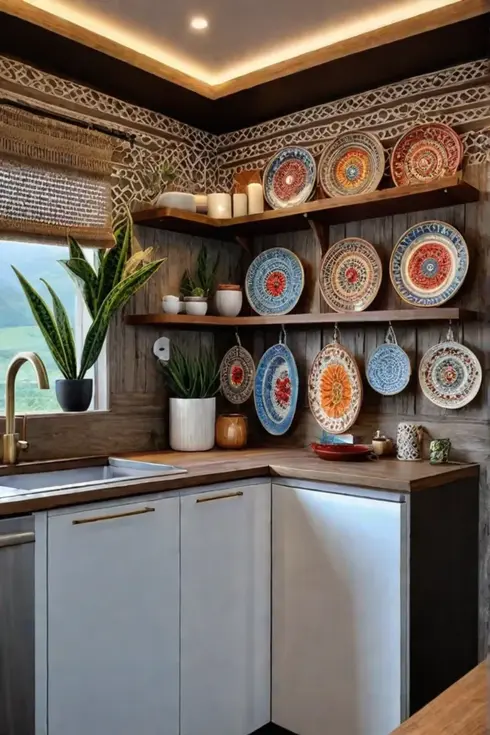 Bohemian kitchen with hanging herb garden adding a touch of green to the room