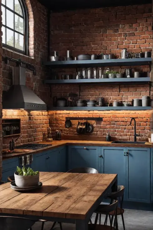 Industrial kitchen with a vintage factory truck repurposed as a kitchen island