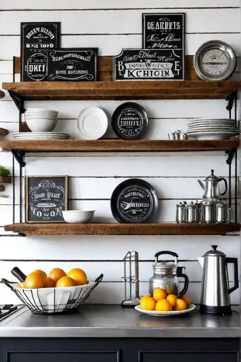 Farmhouse kitchen with a vintage clock on a reclaimed wood accent wall