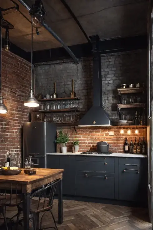 Industrial kitchen with a metal pot rack hanging from the ceiling