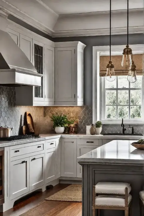 Traditional kitchen with a large kitchen island decorated with a vase of fresh flowers