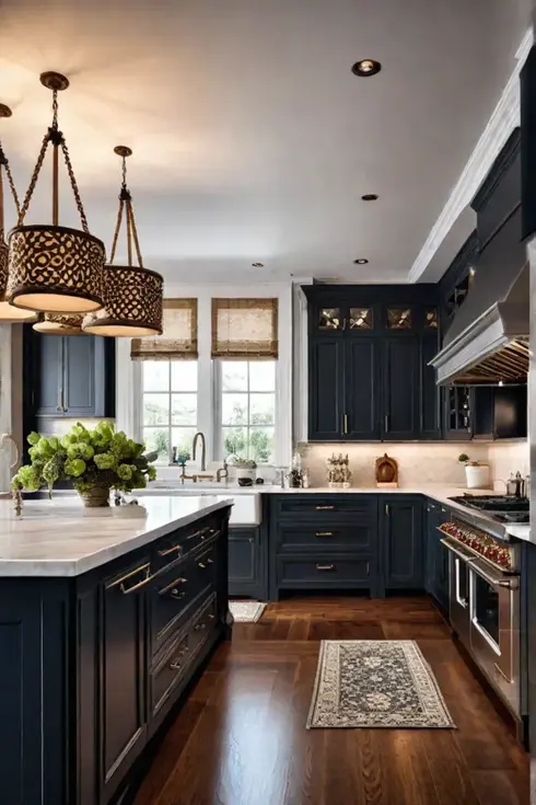 Traditional kitchen with ornate cabinets, farmhouse sink and marble countertops