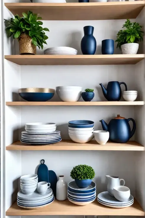 White dishes on open shelves