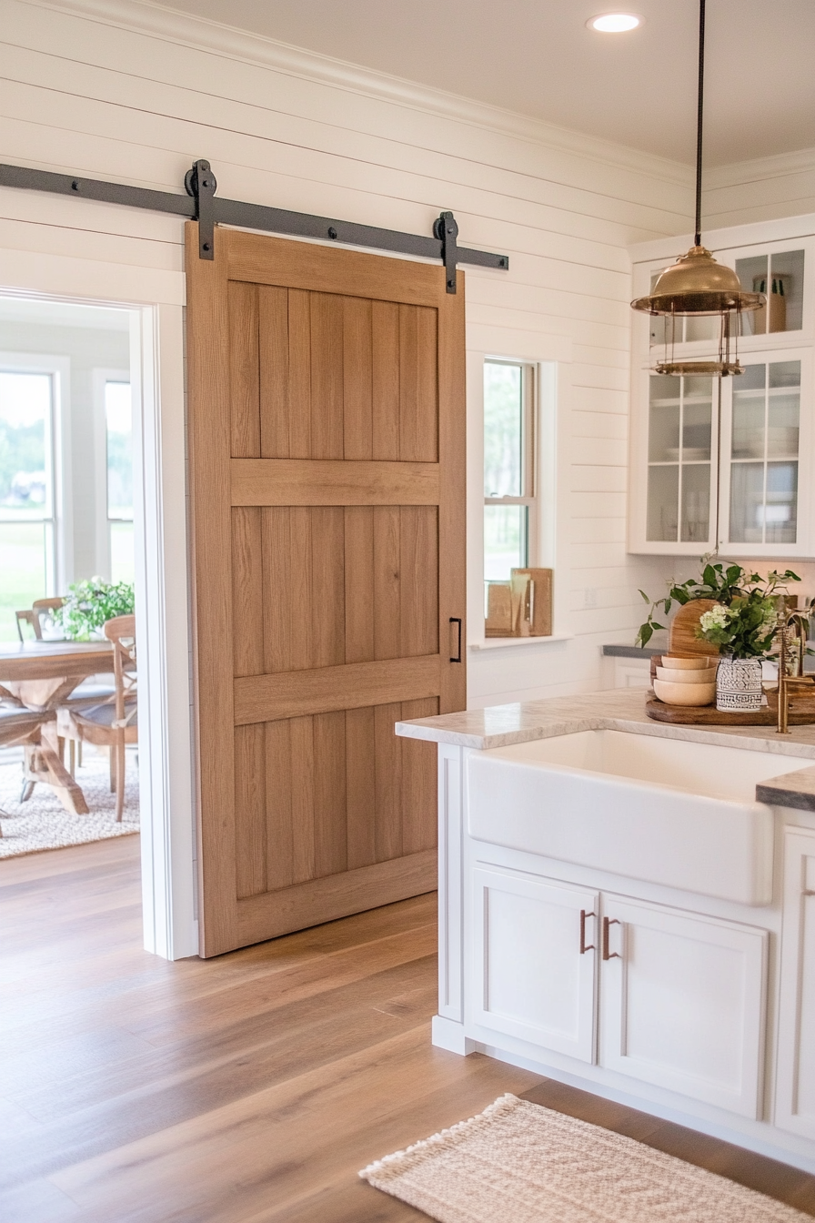 Modern farmhouse kitchen with sliding door to the barn