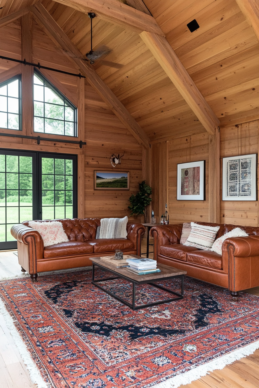 Rustic leather armchair and wooden walls in cozy room