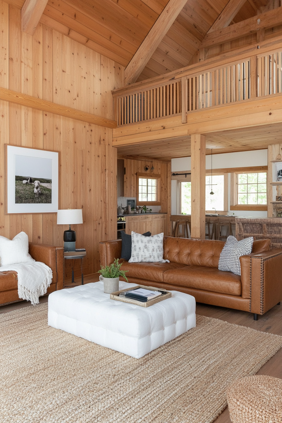 Rustic warm wood tones and leather furniture in the barn home