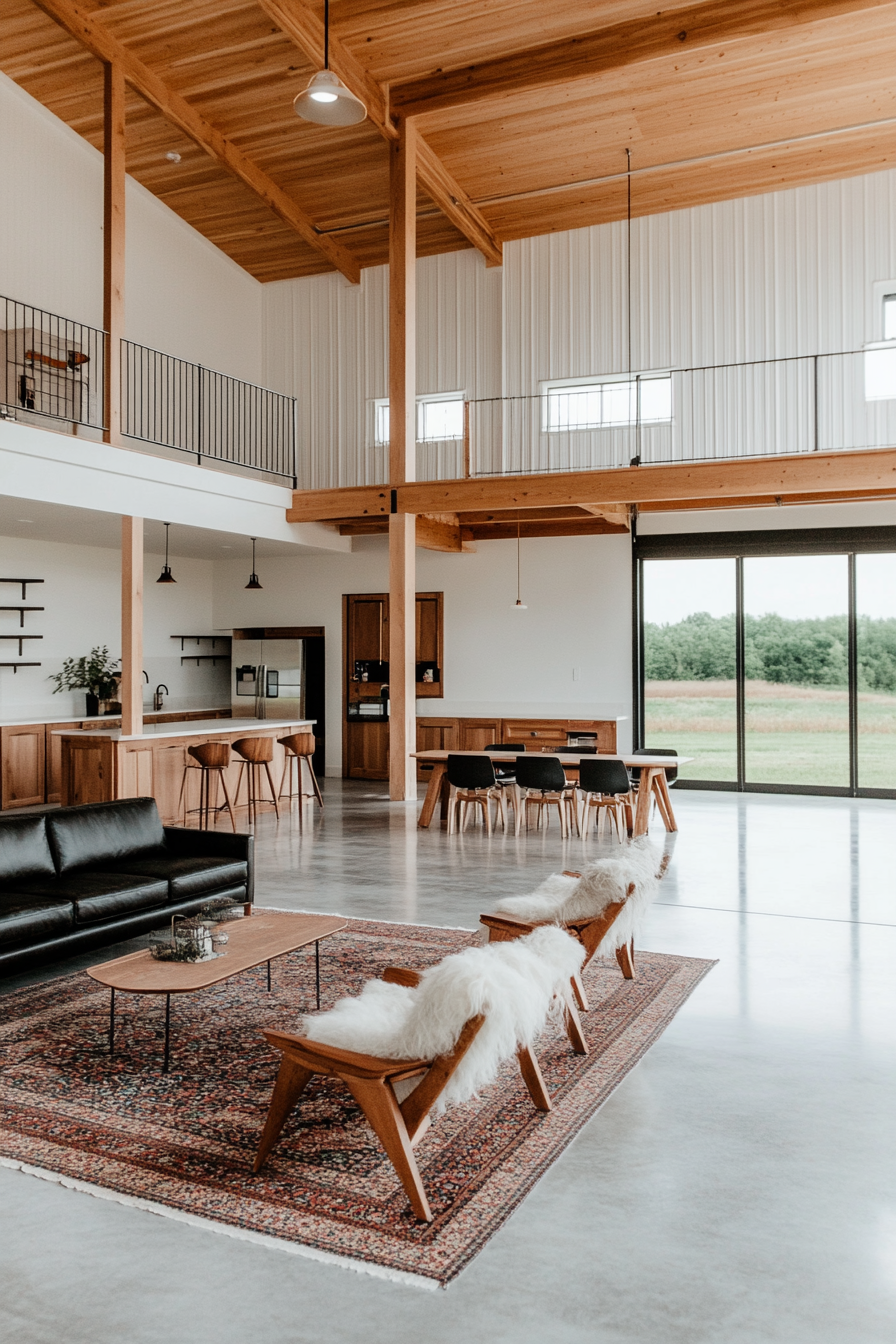 Minimalist open concept barn interior with neutral color palette