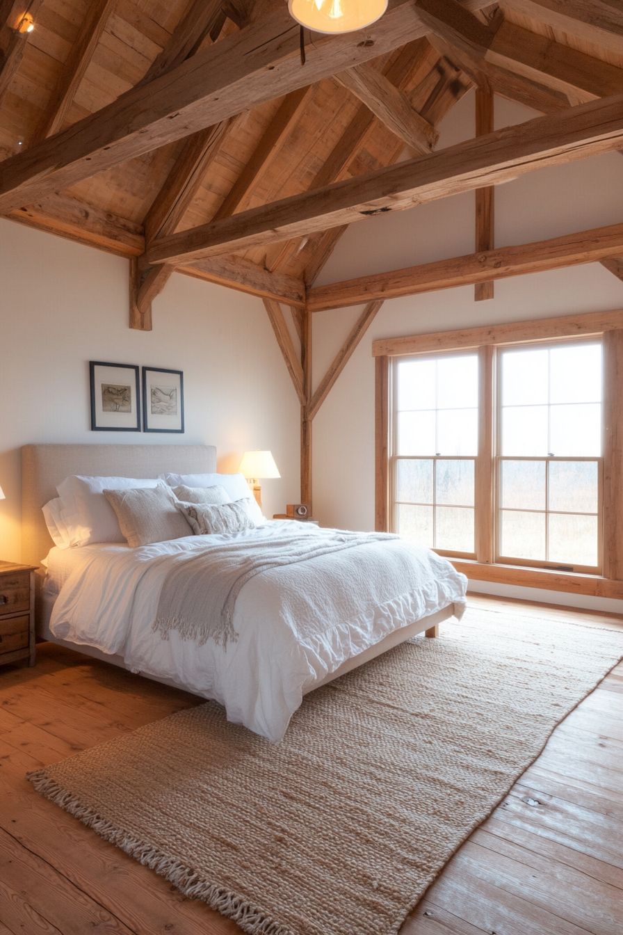 Cozy loft-style bedroom with high ceilings in a barn