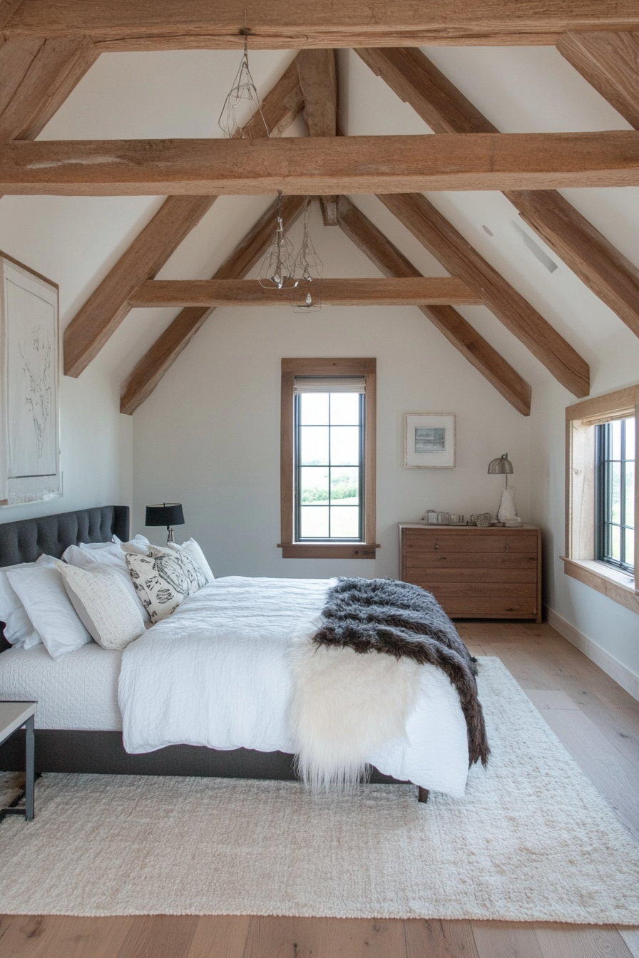 Loft bedroom with warm fabrics and high ceilings