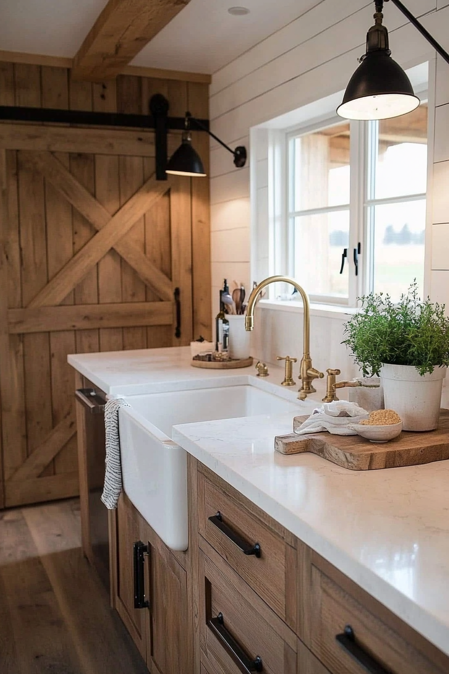 Close-up of a farmhouse kitchen with a rustic-modern mix