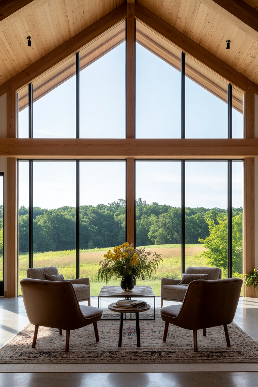 Bright barn room with large windows and scenic views