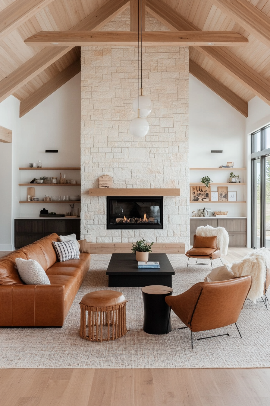 Oversized fireplace in barn living room